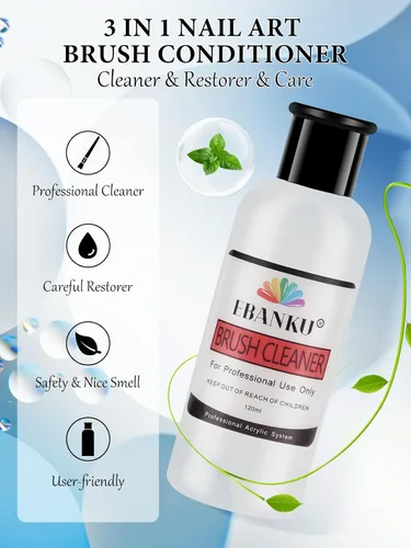 Vista 6 de EBANKU Limpiador de pinceles de uñas acrílico de 4.1 fl oz, 3 en 1, cepillo de uñas, solución limpiadora de cepillo de uñas, limpieza rápida