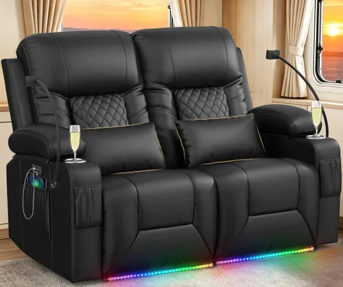 Vista 15 de YONISEE Juego de muebles de sala de estar, sofá biplaza reclinable de 2 plazas y silla reclinable giratoria de 360° con masaje, sofá reclinable