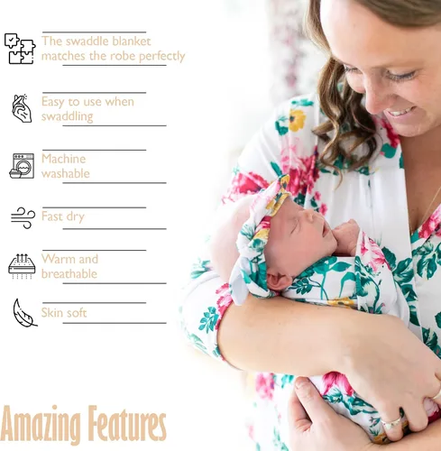 Vista 8 de RNOONY Mommy and Me Robe and Swaddle Set, Maternity Robe for Hospital-Delivery, Mom and Baby Matching Outfits Hospital