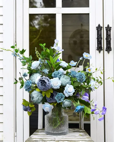 Vista 4 de FiveSeasonStuff 12 tallos de flores artificiales azul hielo, rosas de seda de tacto real para decoración de boda, en caja de regalo Azul helado