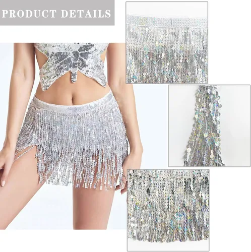 Vista 3 de dmjuncong Falda de danza del vientre para mujer, falda de lentejuelas con borlas y bufanda, disfraz brillante para Navidad, fiesta de Halloween