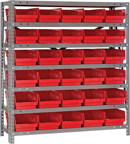 Vista 498 de Quantum QSBU-245BK Heavy Duty Shelving Unit with (7) Shelves and (24) QUS245 Black Bins for Garage Warehouse Storage Distribution 400 lb Load