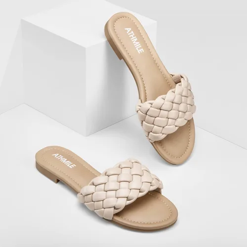 Vista 5 de ATHMILE Braided Womens Sandals Round Open Toe Fashion Slide Sandals Women Dressy Summer Flat Beach Size 6-11