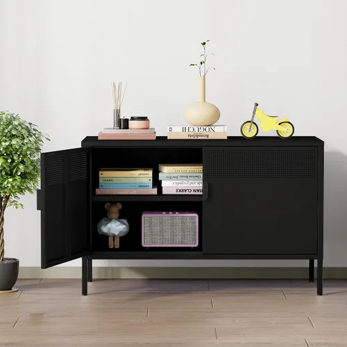 Vista 7 de Chshin Gabinete de Almacenamiento de Metal con Puertas, Gabinete de Acento Negro, Gabinetes de Almacenamiento de Clóset de Metal, Soporte de Medios