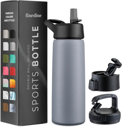 Vista 29 de FineDine Botellas de agua aisladas de triple pared con popote, botella de metal de acero inoxidable de 25 onzas con 3 tapas a prueba de fugas