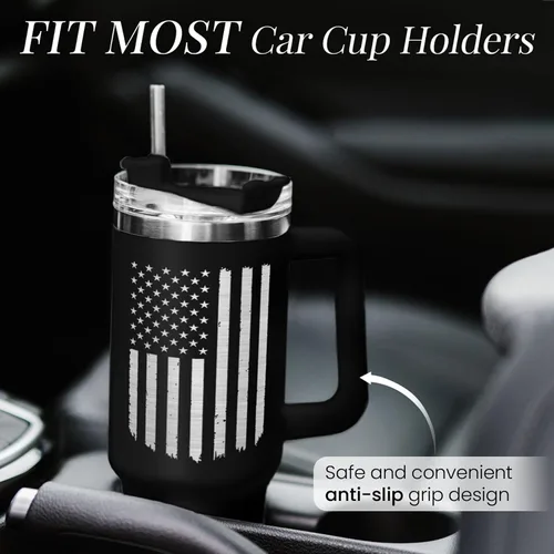 Vista 6 de SANDJEST Taza con bandera americana con asa, taza de café de acero inoxidable con aislamiento de 40 oz con tapa y pajita, regalos de América
