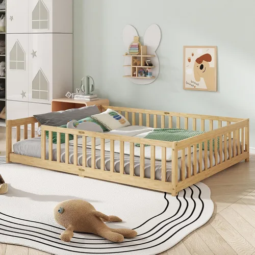 Vista 18 de Twin Size Floor Bed with Slats and Guardrails, Wood Floor Bed, Espresso