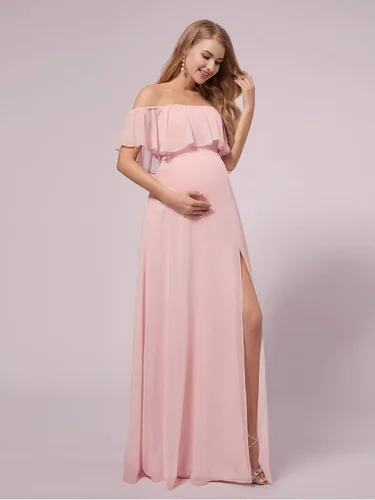 Vista 3 de Ever-Pretty Vestido de fiesta de embarazo con hombros descubiertos y abertura lateral larga de gasa con volantes para mujer, vestidos de fotografía