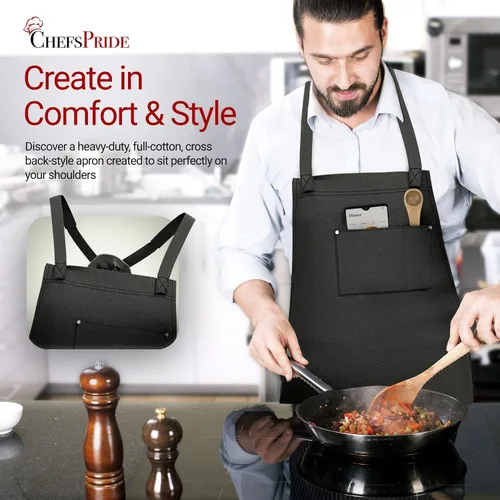 Vista 2 de CHEFSPRIDE Professional Chef Apron for Men & Women - 100% Cotton Adjustable Kitchen Chef Apron with Cross Back & Tool Pockets