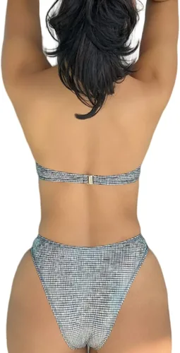 Vista 3 de JUMISEE Bikini con tiras de holograma brillante neón para mujer, sexy, halter envolvente, traje de baño con tanga para fiesta rave