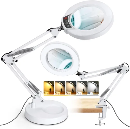 Vista 8 de Lámpara de lupa de 10 aumentos con luz y soporte, lámpara de escritorio y abrazadera 2 en 1, Seylae con 5 modos de color, lupa iluminada LED