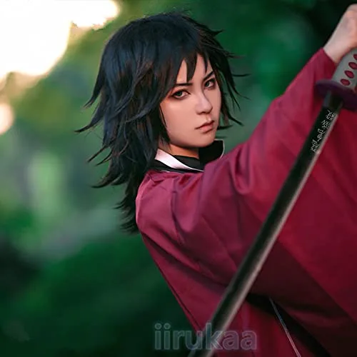 Vista 5 de iirukaa Tomioka Giyuu - Peluca de cosplay para Demon Slaye, anime Kimetsu no Yaiba, personajes de Halloween, pelucas de cosplay con gorra de peluca