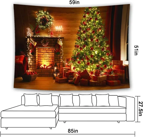 Vista 4 de Mr.Bee Tapiz de fondo colorido, Papá Noel, reno, árbol y lugar de fuego para la sala de estar, fondo para colgar en la pared para fiesta, hogar