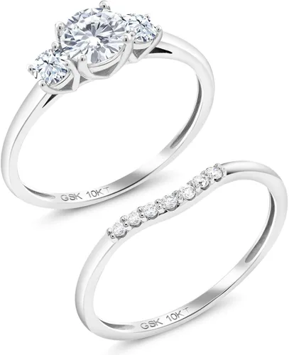 Vista 3 de Gem Stone King Juego de anillos de compromiso nupcial de 3 piedras de oro blanco de moissanita de oro blanco de 10 quilates con zafiro creado