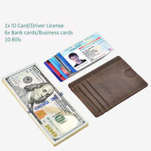 Vista 7 de kinzd Cartera delgada minimalista con bolsillo frontal RFID para tarjetas de crédito para hombres y mujeres, Marrón
