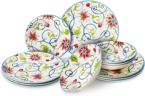 Vista 6 de Tudor Royal - Juego de vajilla redonda de porcelana de 12 piezas, servicio para 4, diseño botánico, flores de verano, platos, cuencos, brillante