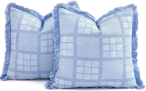 Vista 2 de Juego de 2 fundas de almohada de algodón con diseño de gofre de 24 x 24 pulgadas, fundas decorativas cuadradas europeas decorativas para sofá