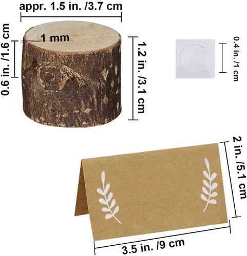 Vista 4 de 30 soportes de madera rústica para tarjetas de lugar, soporte de números de mesa circular, soporte de madera para notas de corteza de madera