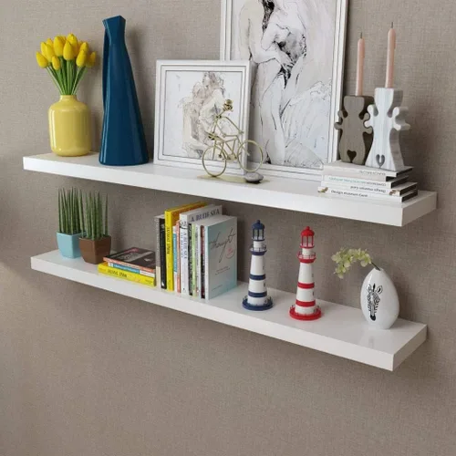 Vista 6 de 2 estantes flotantes de madera de fibropanel de densidad media blanca para almacenamiento de libros/DVD, estante flotante, estante de pared