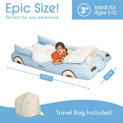 Vista 7 de FUNBOY Cama de viaje infantil azul inflable y colchón. Perfecta para fiestas de pijamas. Incluye bolsa de almacenamiento y transporte, individual
