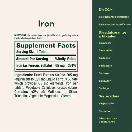 Vista 5 de Nature's Bounty hierro, 65 mg(Sulfato de hierro, 325 mg), B000GG6F3E, 1, 1 Soporte de energía celular, promueve la producción normal de glóbulos