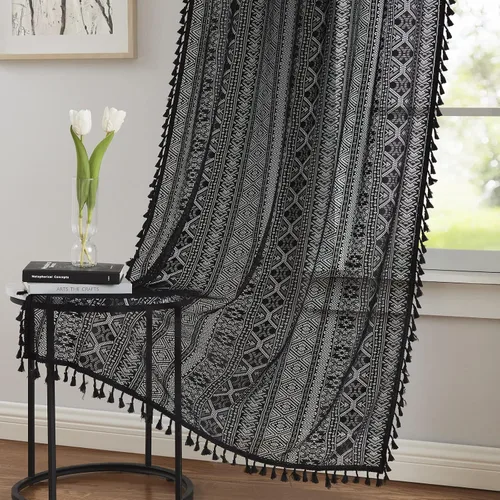 Vista 9 de Cortinas de encaje transparente con borlas de lino bohemio beige, elegante geometría de ganchillo, bolsillo para barra, cortinas de ventana