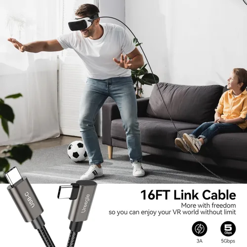 Vista 2 de Cable de conexión, cable de extensión USB C 3.0 a USB C de 16 pies, cable de carga de transferencia de datos de alta velocidad para auriculares VR