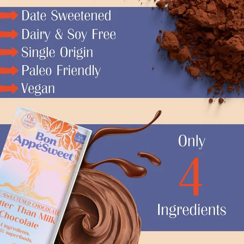 Vista 3 de Bon AppéSweet Barra de Chocolate Endulzada con Dátiles - Mejor que el Chocolate con Leche 2.2 Onzas (Pack de 3) Orgánico, Sin Azúcar Añadida