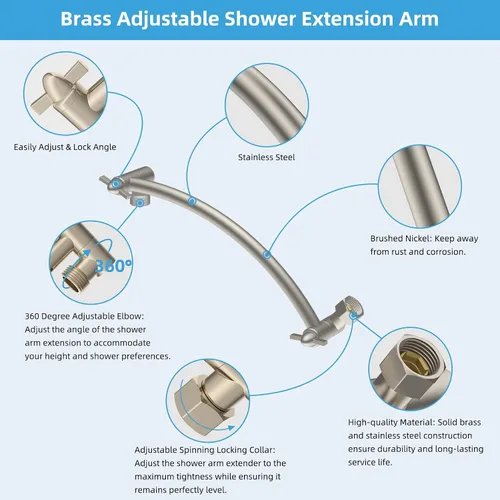 Vista 2 de Hibbent Brazo de Extensión para Cabezal de Ducha Totalmente Metálico de 10'', Latón Sólido Flexible Ajustable en Altura y Ángulo, Extensor de Brazo