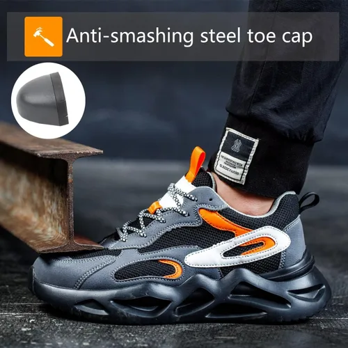 Vista 4 de Zapatos de punta de acero para mujeres y hombres, zapatos de seguridad de trabajo de ajuste ancho, ligeros, antideslizantes, cómodos, compuestos