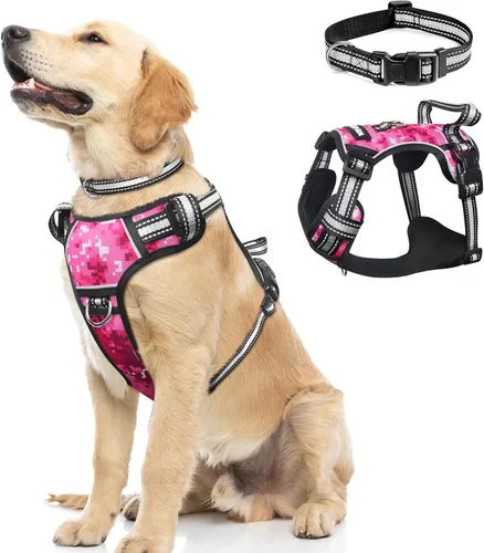 Vista 11 de Arnés para perro sin tirones, arneses para mascotas con collar, chaleco Oxford reflectante y ajustable, hebillas delanteras y traseras para correa