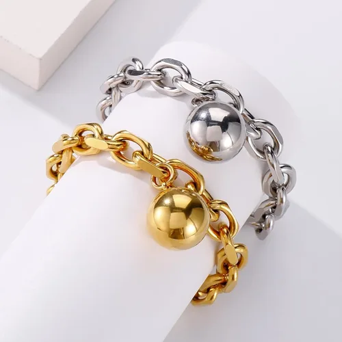 Vista 3 de Pulsera de cadena gruesa de acero inoxidable con dijes de bola para mujer, accesorios de joyería
