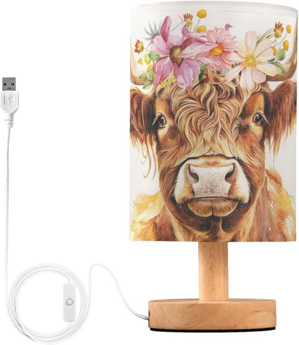 Vista 17 de Bedside Table Lamp Cute Highland Cow Animal Nightstand Lamp with Wood Desk Lamps for Bedroom Living Room Nursery Office Home Decor