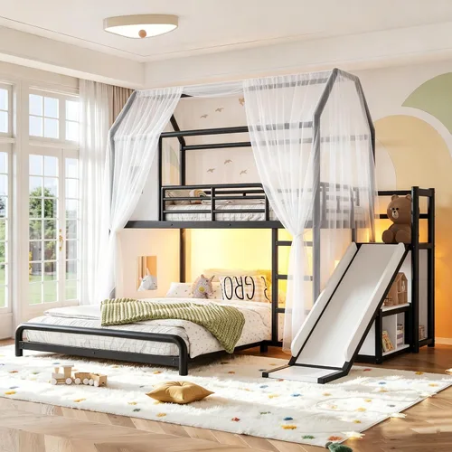 Vista 14 de RUNNA Playhouse Twin Over Full Bunk Bed with Slide and LED，Antique White-M