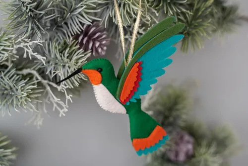 Vista 8 de Adorno de colibrí Adornos de Navidad hechos a mano de fieltro para árbol Rojo, verde, naranja, colibrí, decoración de árbol de Navidad, adorno