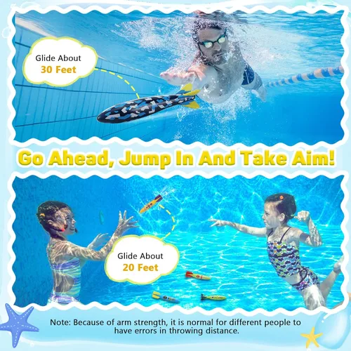 Vista 5 de MoKo Paquete de 10 juguetes de torpedo para piscina, 2 cohetes grandes y 8 pequeños de buceo para niños y adultos, juguetes de deslizamiento