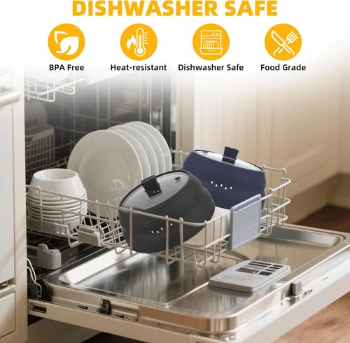 Vista 5 de Cubierta alta para salpicaduras de microondas, tapa protectora de vidrio de 5.8 pulgadas de altura con silicona plegable para plato de olla de Negro