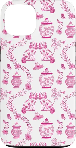 Vista 7 de Preppy - Carcasa para iPhone 16, diseño de perros y tarros de jengibre, color rosa y blanco