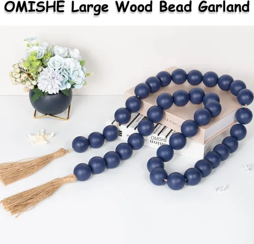 Vista 151 de OMISHE Guirnalda de cuentas de madera extra grande con cuentas de madera y borlas de 1.6 pulgadas de diámetro, cuentas decorativas rústicas de 41