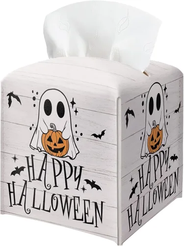 Vista 17 de Soporte para caja de pañuelos de Halloween con tapa cuadrada de cuero negro, organizador de papel facial, dispensador de papel higiénico para baño