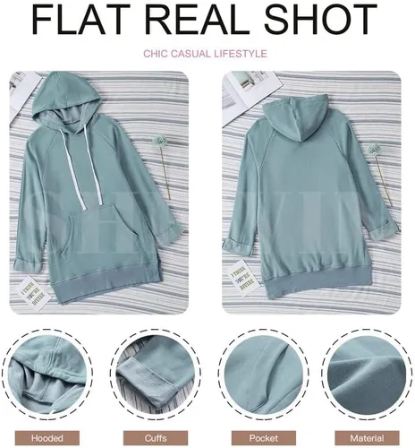 Vista 5 de SHEWIN Sudadera de gran tamaño para mujer, manga larga, dobladillo dividido, con bolsillo tipo canguro