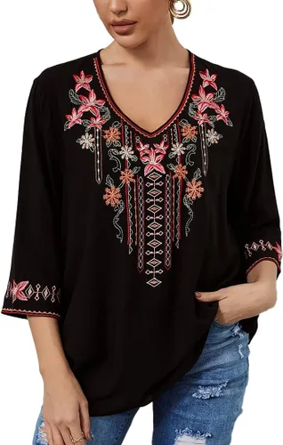Vista 6 de AK Women's Boho Embroidered Tops 3/4 Sleeve Mexican Peasant Shirts Bohemian Loose Tunic Blouses 355-negro