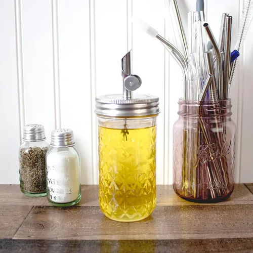 Vista 2 de Mason Jar Lifestyle - Tapas para verter aceite de acero inoxidable para vinagre, aderezos y jarabes (paquete de 2, boca regular)