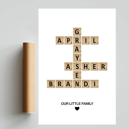 Vista 3 de Cartel o lienzo personalizado con nombre de la familia, estampado de Scrabble de crucigrama, mosaico de letras familiares, rompecabezas con nombre