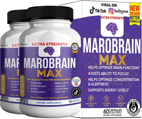 Vista 8 de MAROBRAIN MAX Suplemento de apoyo cerebral extra fuerte, 60 cápsulas, con mezcla de hierbas, vitaminas A C D complejo B, DHA, semilla de uva, bacopa