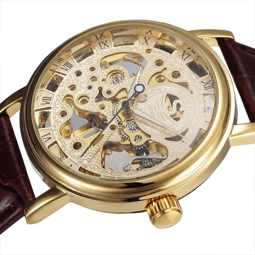 Vista 2 de SEWOR Reloj de pulsera de cuero de estilo vintage transparente con esqueleto mecánico para hombre