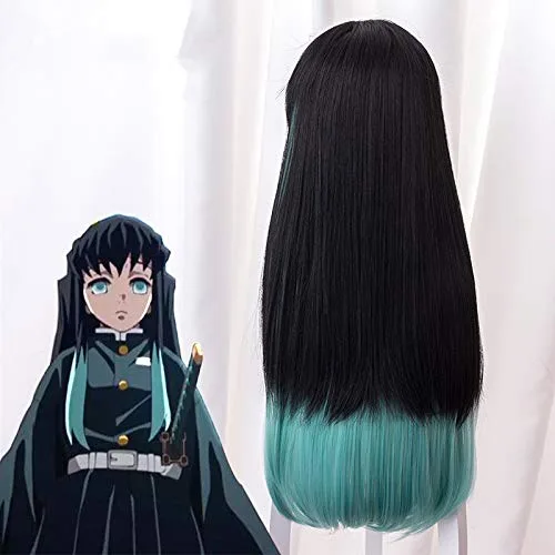 Vista 4 de Aadesso Demon Slayer Kimetsu No Yaiba Tokitou Muichirou Peluca Anime Cosplay negro y azul degradado peluca larga recta para hombres y mujeres