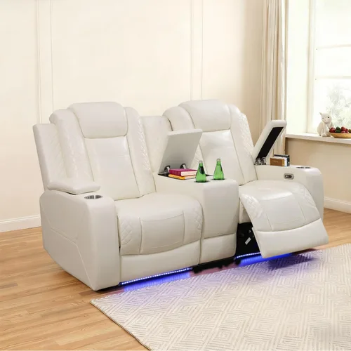 Vista 7 de Sofá reclinable con luces LED, sofá reclinable de cuero con dos asientos reclinables/puerto USB/consola de almacenamiento/soporte para vasos
