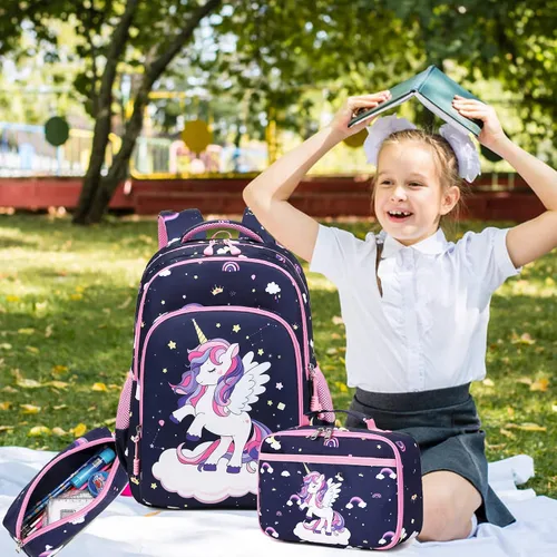 Vista 29 de Juego de mochila para niñas con diseño de unicornio, mochila escolar para niños, mochila para libros para niñas, set 3 en 1, regreso a clases
