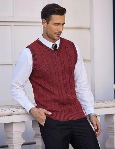 Vista 3 de COOFANDY Suéter para hombre, cuello en V, ajustado, casual, sin mangas, tejido trenzado